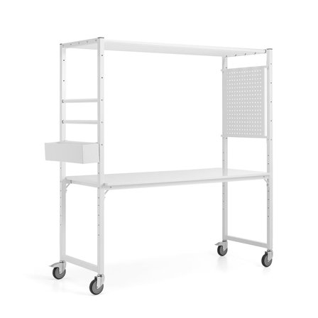 Mobilt multibord TEAMWORK, tilbehørskasse, værktøjspanel, hvid, whiteboard bordplade