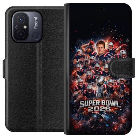 Yhteensopiva Lompakkokotelo Xiaomi Redmi 12C Super Bowl 2026 juliste, jossa New England Patriots ja NFL-mestaruuspalkinto räjähtävän urheilullisessa s