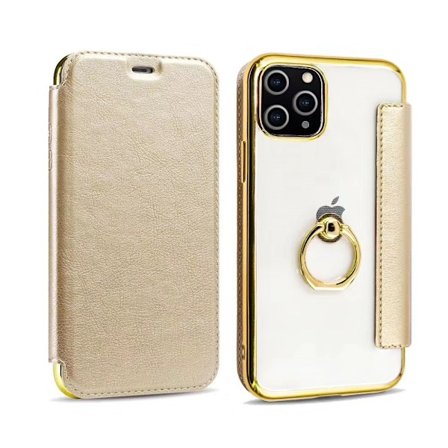 Fodral för iPhone 13pro MAX guld med ring flip läder elektropläterad PU ring transparent kortplats