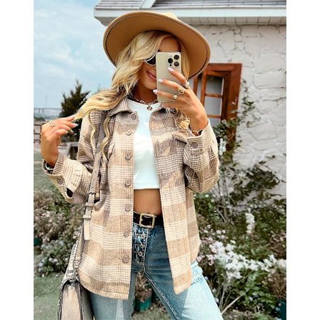 Rutete skjorte i landlig stil 2023 Høst og vinter Cardigan Lang kåpe Topp Dame Mote Løs