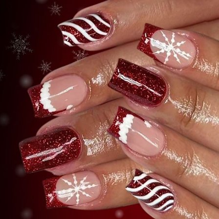 Snøfnugg Fransk Manikyr Sett 24 stk Julestripete Løsnegler Gjenbrukbar ABS