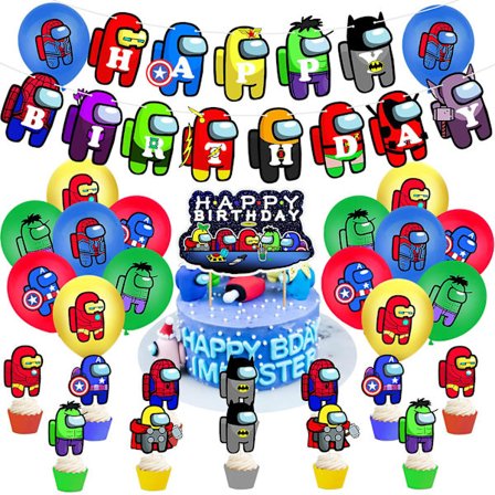 Superhero-teemainen Among Us -ilmapallosetti kakkuun, lippuun ja banneriin (FMY)