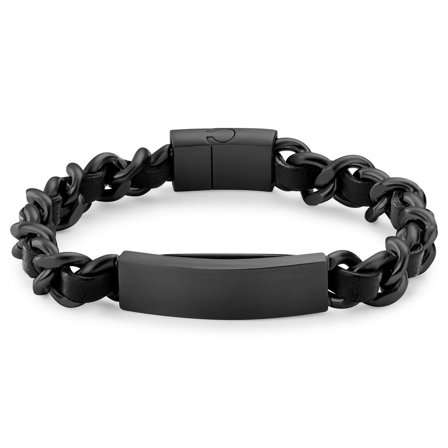 Nomen | Bracelet chaîne en métal noir et en cuir avec plaque d'identification pour hommes - pour Hommes - Lucleon