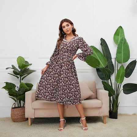 Vår Høst Retro Fransk Blomsterblonde Slagkrage Langermet Høy Midje A-linje Kjole S-XL