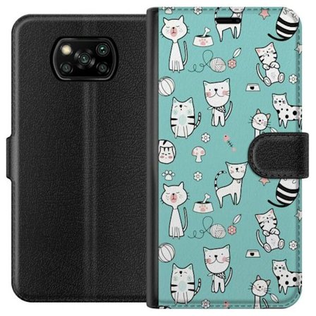 Yhteensopiva Lompakkokotelo Xiaomi Poco X3 NFC Leikkisät kissat piirrettyä kuviota turkoosilla taustalla
