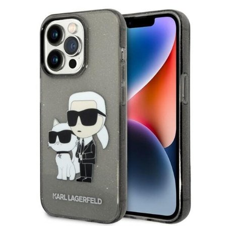 Karl Lagerfeld Glitter Karl&Choupette kotelo iPhone 14 Pro - musta