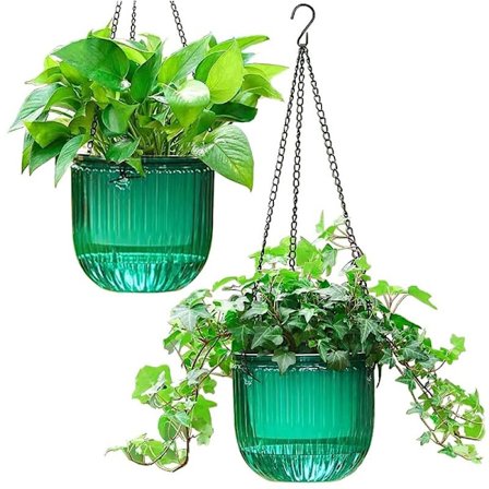 2-pack självvattnande krukor för inomhusbruk, hängande blomkrukor, 6,5 tum utomhus hängande blomkrukor korg (smaragdgrön)