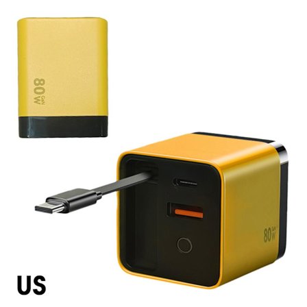 3 i 1 80 Watt Laddare, Skalbar 80w Max Snabbladdningsmodul med Typ C-kabel och 2 USB-portar, Infällbar 80 Watt Allt-i-ett Väggladdare