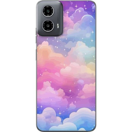 Kompatibelt Mobildeksel til Motorola Moto G34 Søt enhjørning med regnbuefarget hår mot en stjernebelagt pastellbakgrunn i kawaii-stil