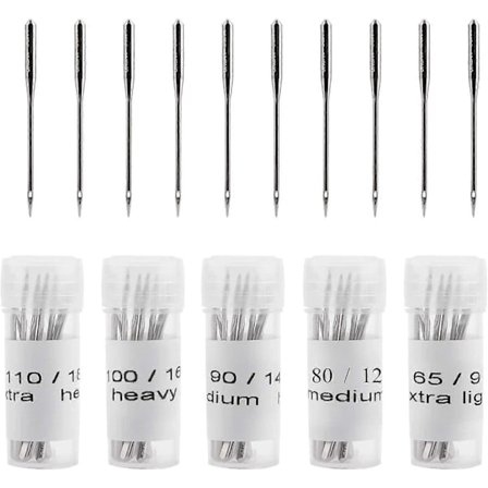 50-pack Universal Symaskinsnålar - Stål nålar för Brother, Singer, Storlekar 65/9 till 100/16