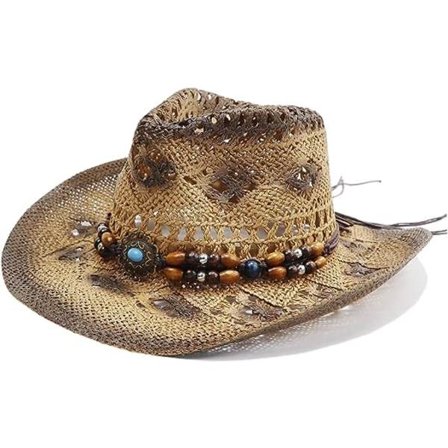 Flettede stråhatter til menn og kvinner Cowgirl stråhatter Dame cowboyhatter Cowboyhatter formbare brem, strand cowgirl, khaki