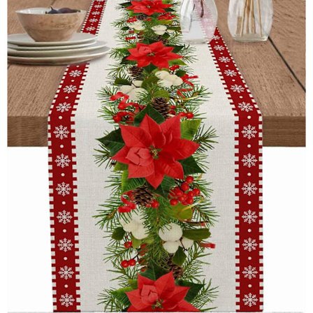 Rød julebordsløper i landlig stil, skjerf, bordsløper med snøfnugg og julestjerner, 33 x 183 cm [GPA]