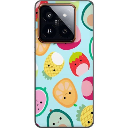 Kompatibel Mobilcover til Xiaomi 14 Pro Mønster af kawaii frugter som jordbær citron ananas og avocado på lyseblå baggrund