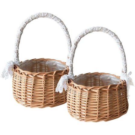 2 st vävda förvaringskorgar med handtag och band, bröllopsblomsterkorgar, korg i rotting för blommor till hem och trädgård -a1