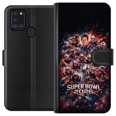 Yhteensopiva Lompakkokotelo Samsung Galaxy A21s Super Bowl 2026 juliste, jossa New England Patriots ja NFL-mestaruuspalkinto räjähtävän urheilullisess