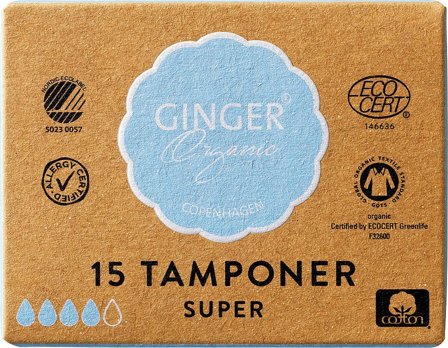 Ginger Organic Tampon u/indføring - Super 15 stk, Medicin & Pleje, Bind & Indlæg, Tamponer