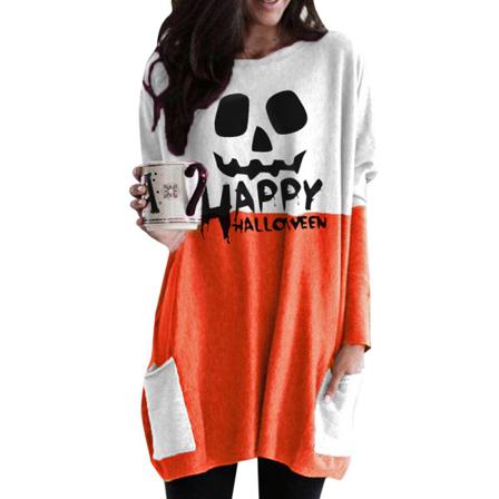 Färg Skull Print Halloween Rak Klänning Casual O-neck Lång S
