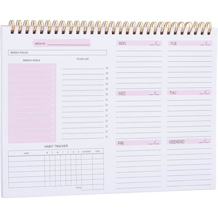 B5 Ukentlig Planlegger - 10"x8" Udaterte 53-arks Notatbok med Spiralbinding, Daglige Mål & Vanefølgere + To-Do Lister (Rosa, Productiv)