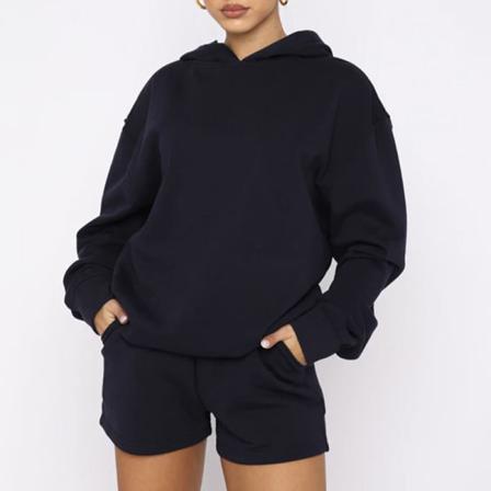 Dam Med Elastisk Midja I Enfärgad Huvtröja Och Shorts
