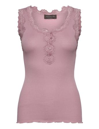 Silk Top W/Button & Lace Top Ærmeløs Top Lyserød Rosemunde