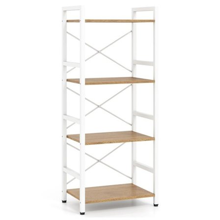 Smal Bibliotek med 4 Niveauer COSTWAY 41,5 x 27,5 x 100cm, Åben Selvstående Metalhylde, Anti-Tip Kits, Naturlig