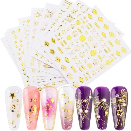 Stjärn-nagelstickers för nagelkonst 3D Självhäftande Nagelkonstdekaler 12 Ark Guldstjärna Måne Designer Nagelstickers för Kvinnor Flickor DIY 