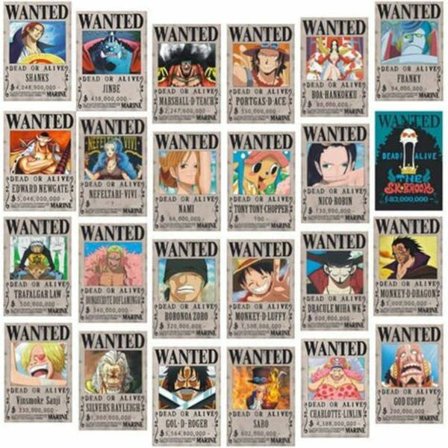One Piece Wanted Posters 28,5cm × 19,5cm, Ny Udgave Kraftpapir Poster, Luffy 1,5 Milliarder, Sæt af 24