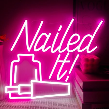 Nailed It -neonkyltti seinäkoristeeksi, kynsisalongin sisustus seinälle, kynsihuoneen sisustus kauneushoitolan kynsibaariin, kynsilakkapullo LED-