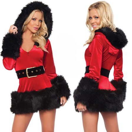 Julekjole for kvinner - Festlig og sexy antrekk med hette - Santa Cosplay-kostyme