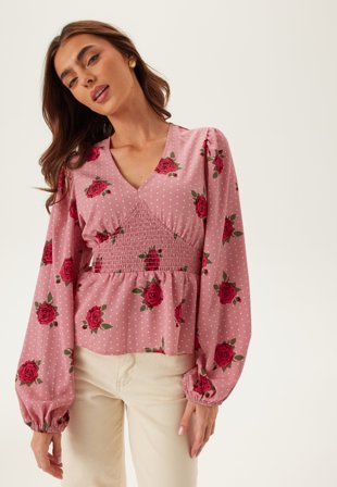 BUBBLEROOM - V-neck Smock Blouse - Pink/Patterned