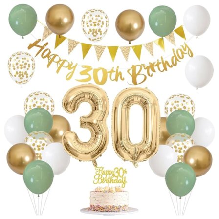 Grattis på födelsedagen-banderoll för 30-årsdag, tårtdekoration och sifferballonger i salviagrön-guldtema, komplett festdekorationsset med 
