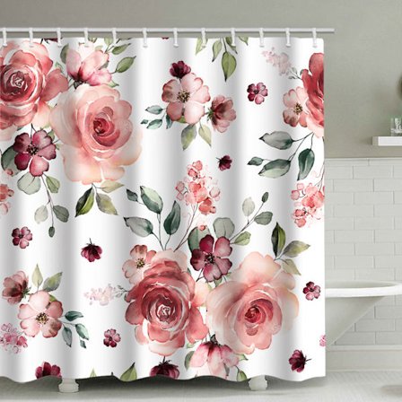 Röd blomd duschdraperi, med 12 plastkrokar