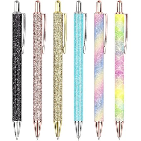 6 Pcs Ballpoint Pens, Glitter Rose Gold Click Ball Pens, Metal Retractable Pen, Black Ink Medium Point 1mm, Gifts And Office Supplies