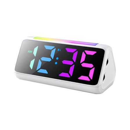 Høj alarmur til hørehæmmede, med RGB LED-display, dobbelt alarm, 8 dæmpere, 3 lydstyrker, til tunge sovende børn, teenagere og ældre (hvid)