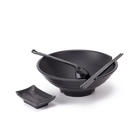 Japansk håndtrukket nuddelskål med skje, spisepinner i hard plast