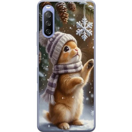 Kompatibelt Mobildeksel til Sony Sony Xperia 10 III Vinterkanin med lue og skjerf som beundrer en snøflak, et varmt og sjarmtfullt vintermotiv fylt a