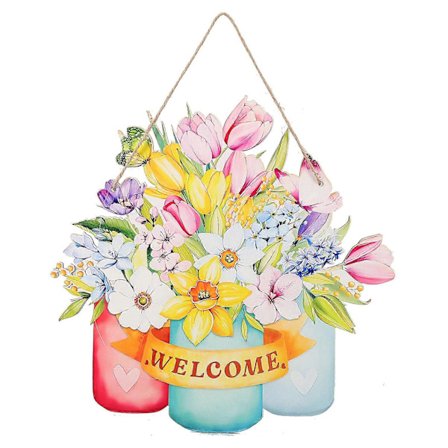 Puinen tervetuloa-kyltti kukkakuviolla, etuoven riippuva laatta, maalaismainen ovenripustin