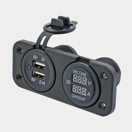 USB-stik med volt- & amperemåler 1852-Marine, indbygget, sort, 12 V / 24 V, 1 + 2.1 A, USB-A + USB-A, med låg