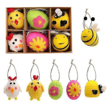 6-delt påske dekorasjonssett i filt, påskeornamenter i filt