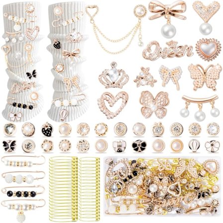 80 stk. Junk Socks Charms Kit, brocher og nåle til kvinder, guld sko charms, sko charms til sneakers, sikkerhedsnål, sokke charms kit bulk til hat tøj