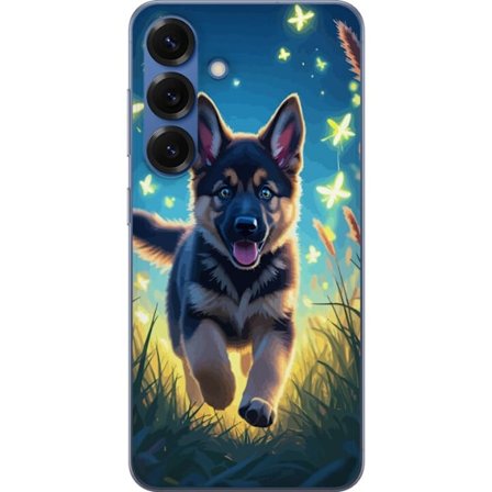 Kompatibelt Mobilskal till Samsung Samsung Galaxy S25+ Tysk schäfer valp affisch valp hund hoppar äng fjärilar söt hund illustration blå nattkons