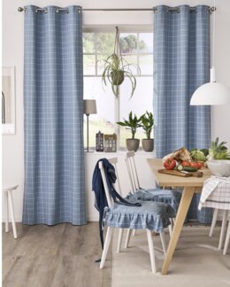 Öljettlängd garnfärgad ruta Ella 2-pack Blå - 95x240 cm, overlock nertill - Linea