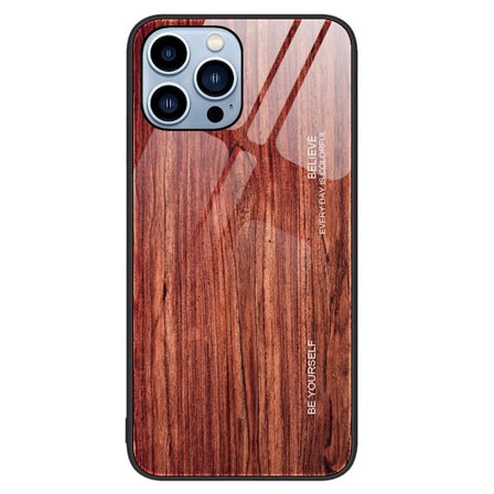 SKALO iPhone 15 Pro Max Wood Härdat Glas TPU-skal - Vinröd