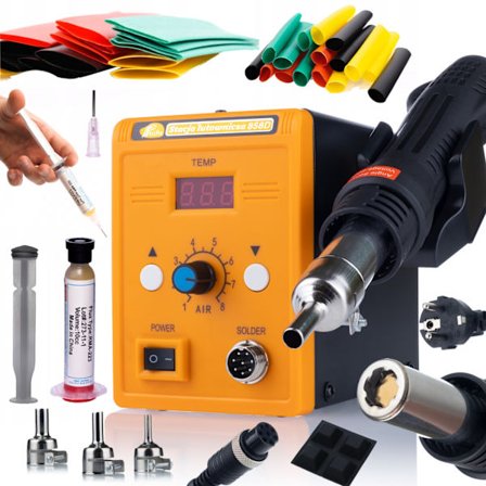 Loddekolbe Hot Air 858D – 700W | 3 Dyser | 328 Krympeflex | RMA-223 Flux