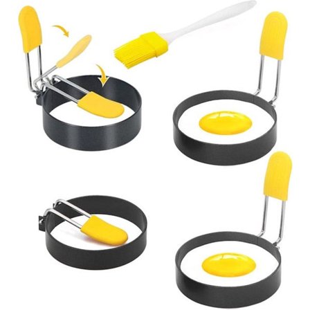 Munanpaistomuotti - 4 kpl - Ruostumaton teräs - Munapannukakku - Paistettu munamuotti - Munarengas - Paistettu munapannukakku - Öljyharjalla - Munien 