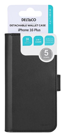 Deltaco Wallet case, 2-in-1, iPhone 16 Plus, magnetic cover, black