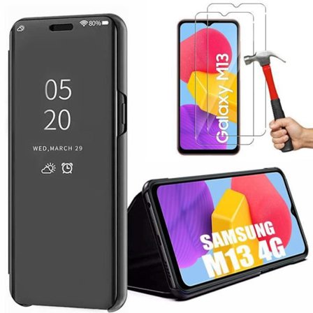 Fodral till Samsung Galaxy M13 + 2 härdade glasögon, Fodral med spegeleffekt Fullt skydd Svart