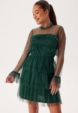 Bubbleroom - Dotted Mesh L/S Dress - Dark green - Kläder