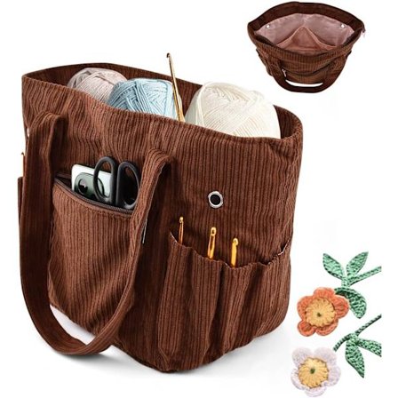 Toteväska i manchester för stickning och virkning, garnförvaringsorganisatör, bärbar totekorg för virknålar och tillbehör (brun)