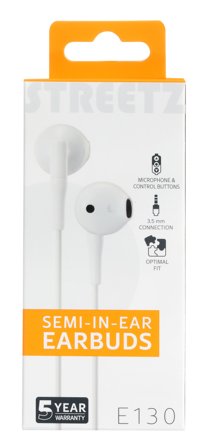 STREETZ E130 Semi-in-ear headset, answer button, 3.5mm, mic, white